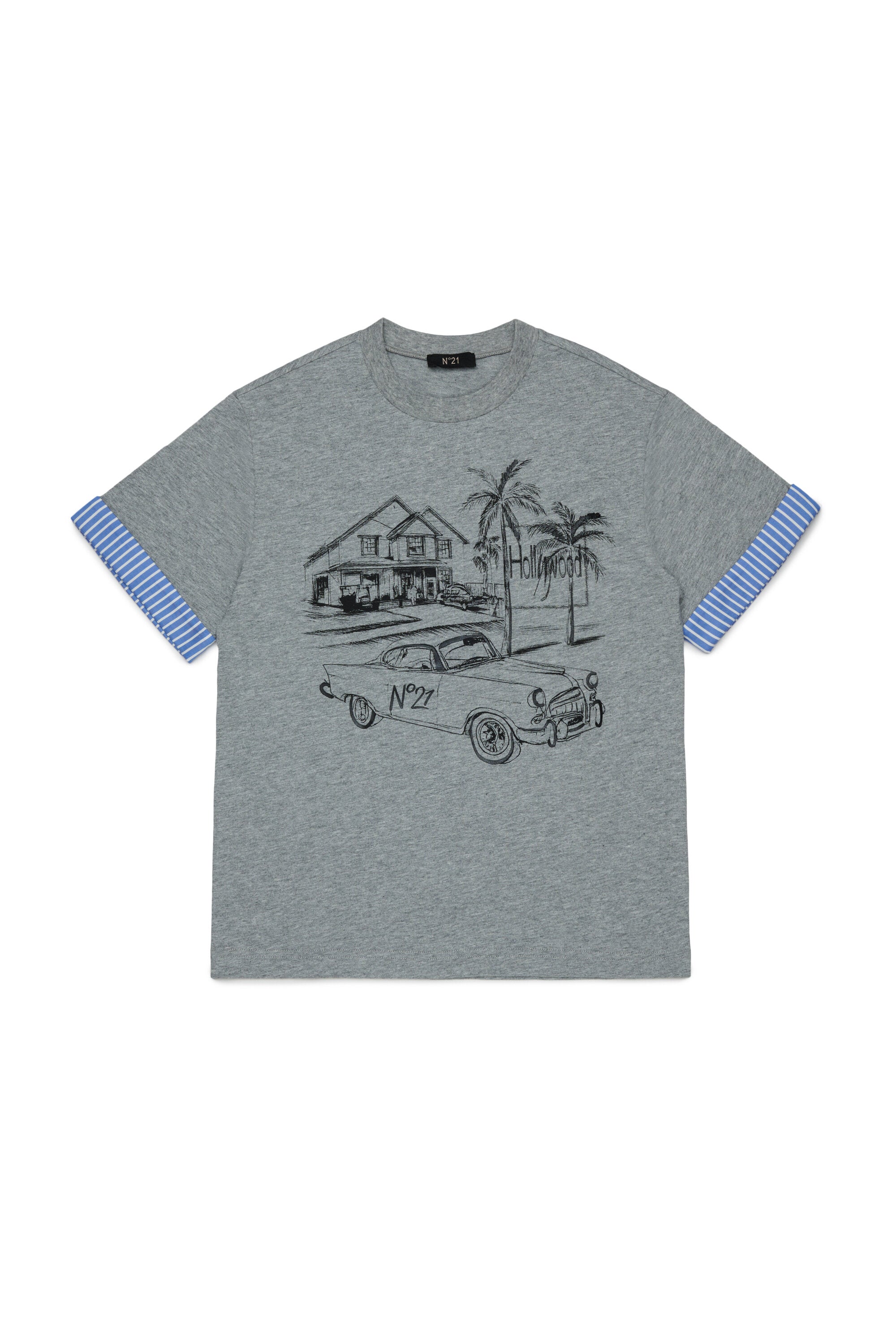 T-shirt with print and striped sleeves