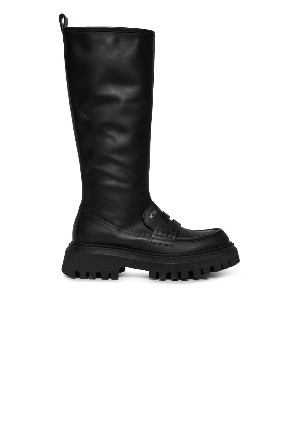 Long leather boots with track sole