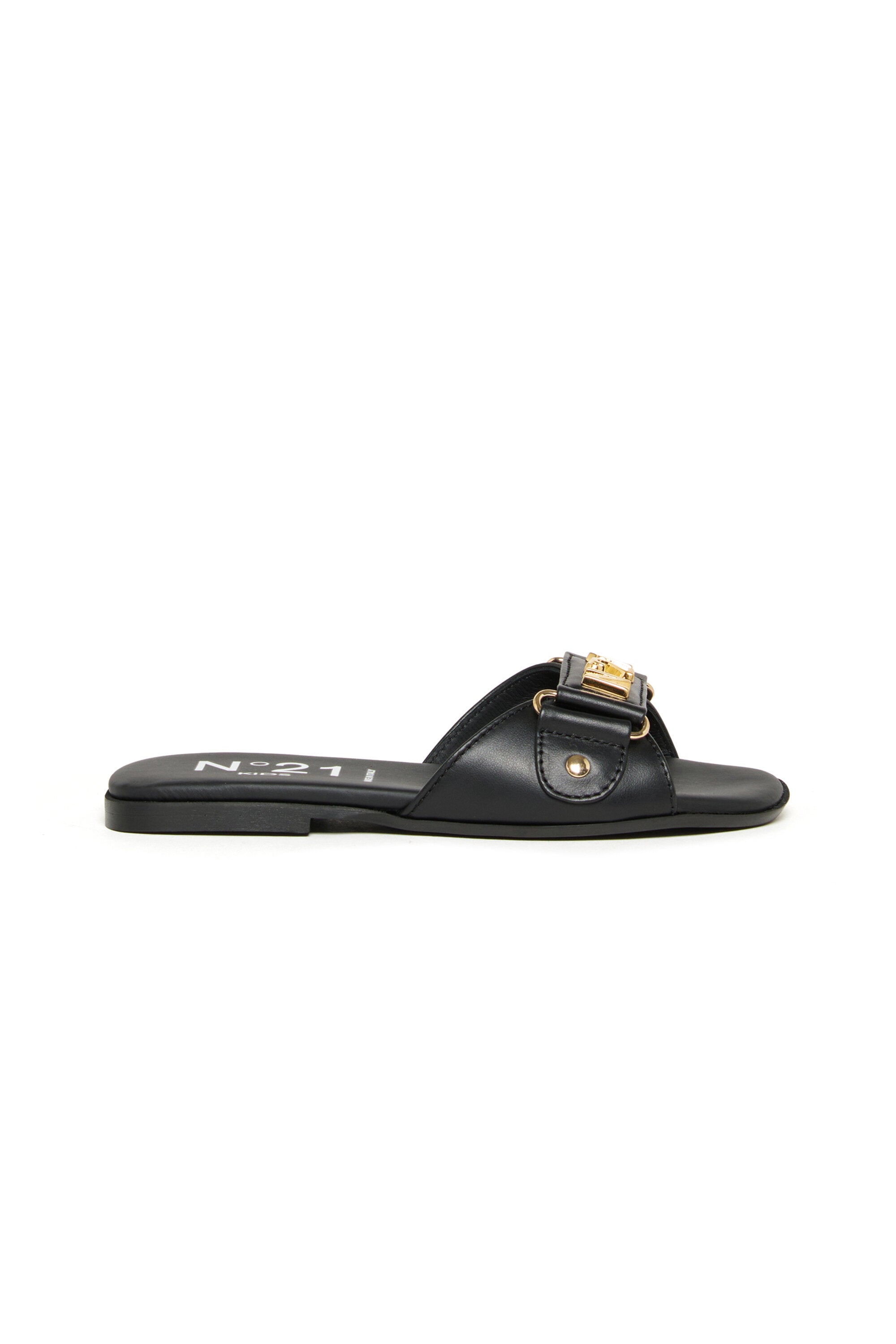 Leather slides with metal logo