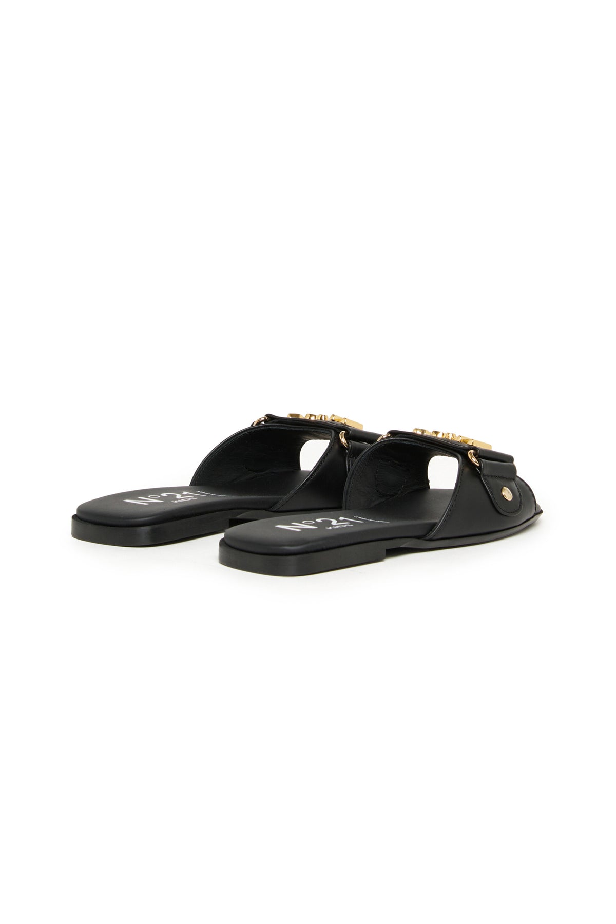 Leather slides with metal logo