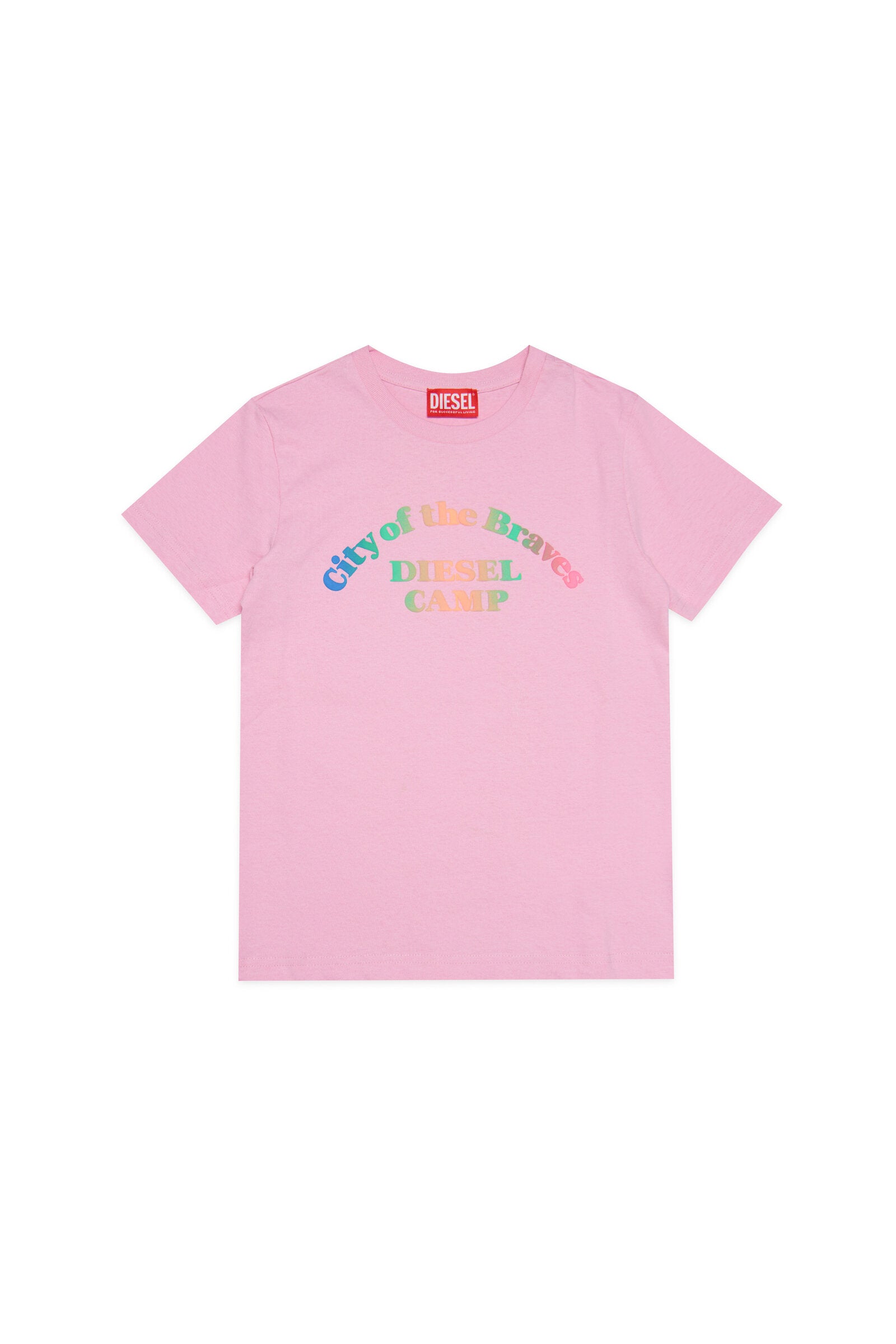 Pastel pink cotton T-shirt with colorful print