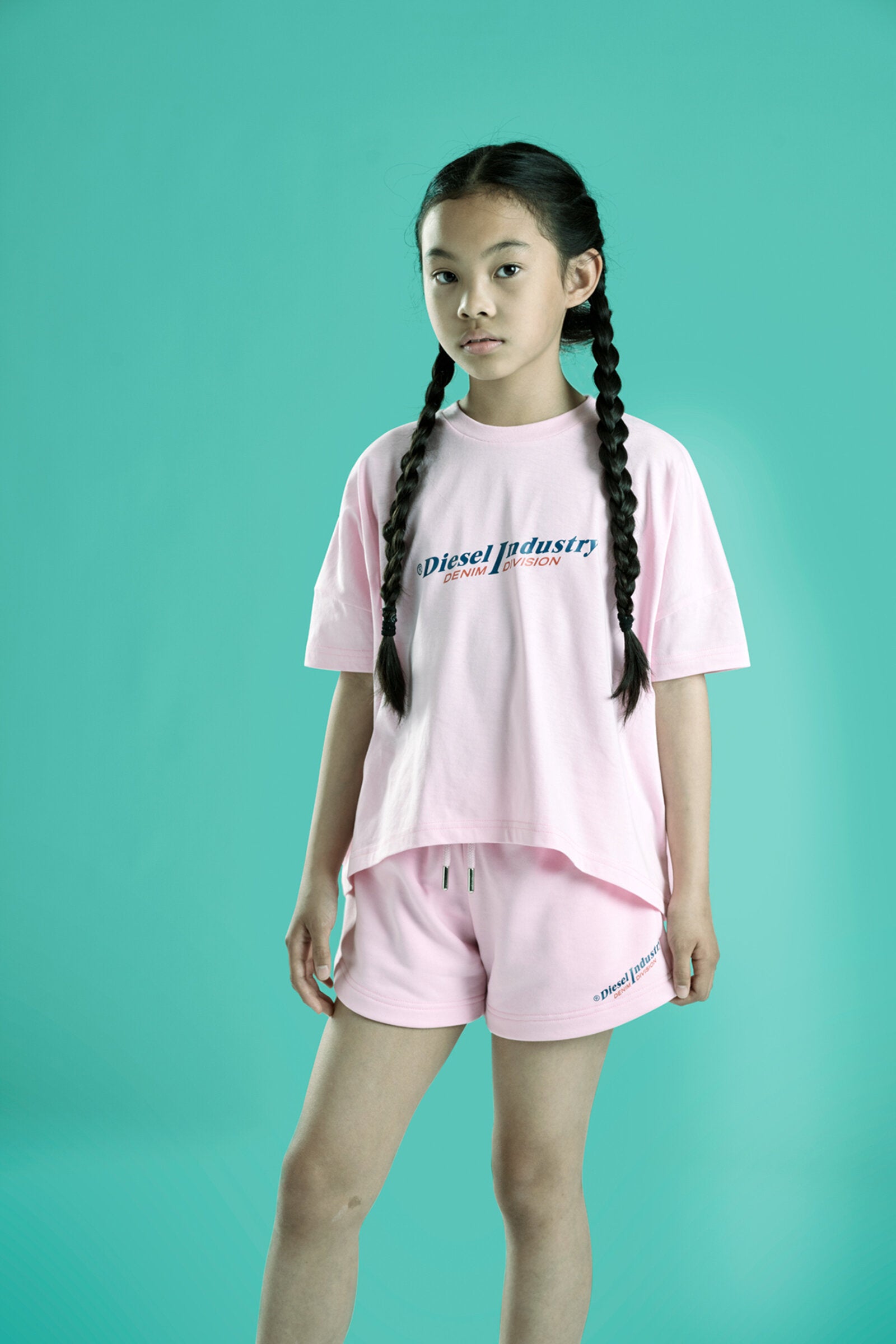 Pastel pink cropped T-shirt in jersey with Diesel Industry logo