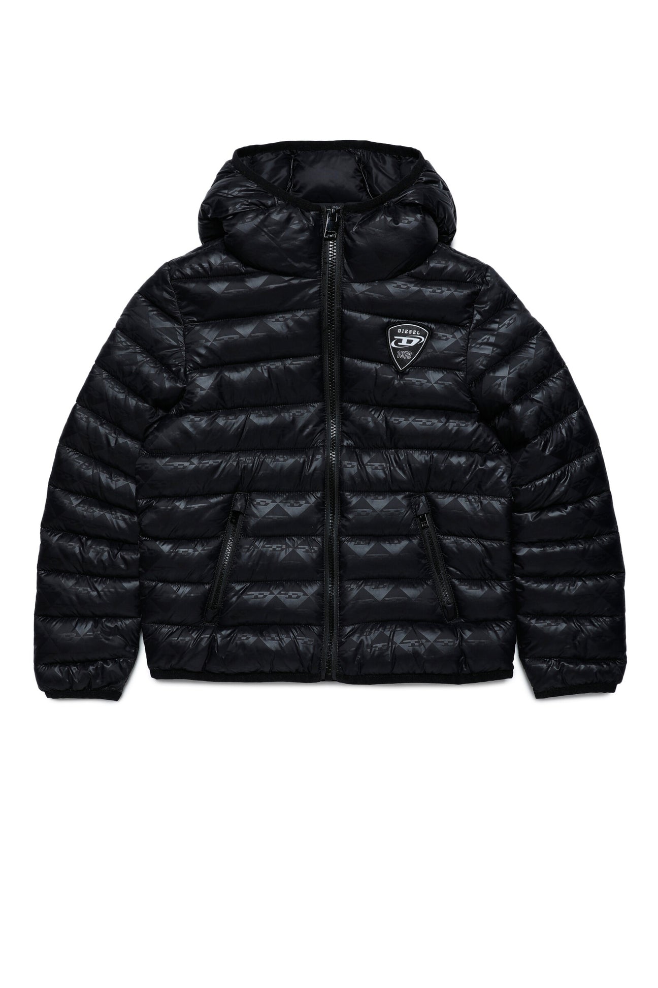 Hooded padded jacket with allover monogram print 